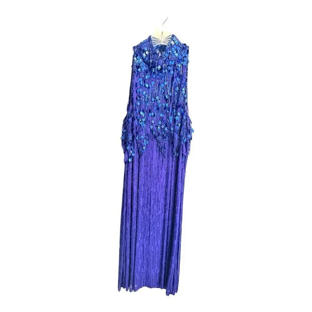 NiteLine by Della Roufogali Blue Silk Beaded Evening Gown Vintage Formal Dress 6